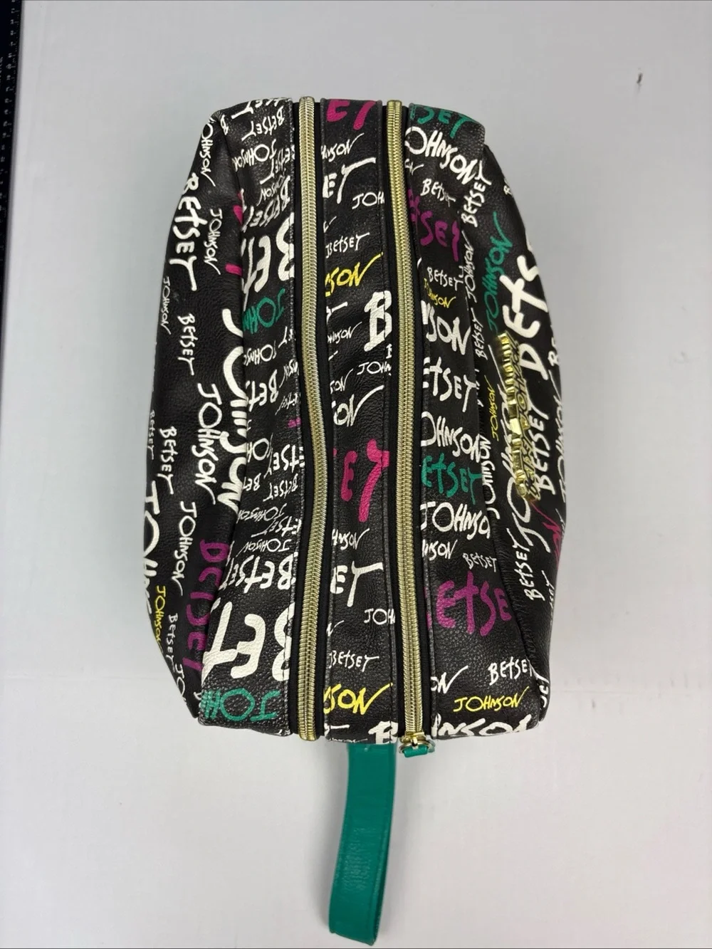 Betsey Johnson Cosmetic Pouch Bag Black Colorful Graffiti Logo Large Zipper
